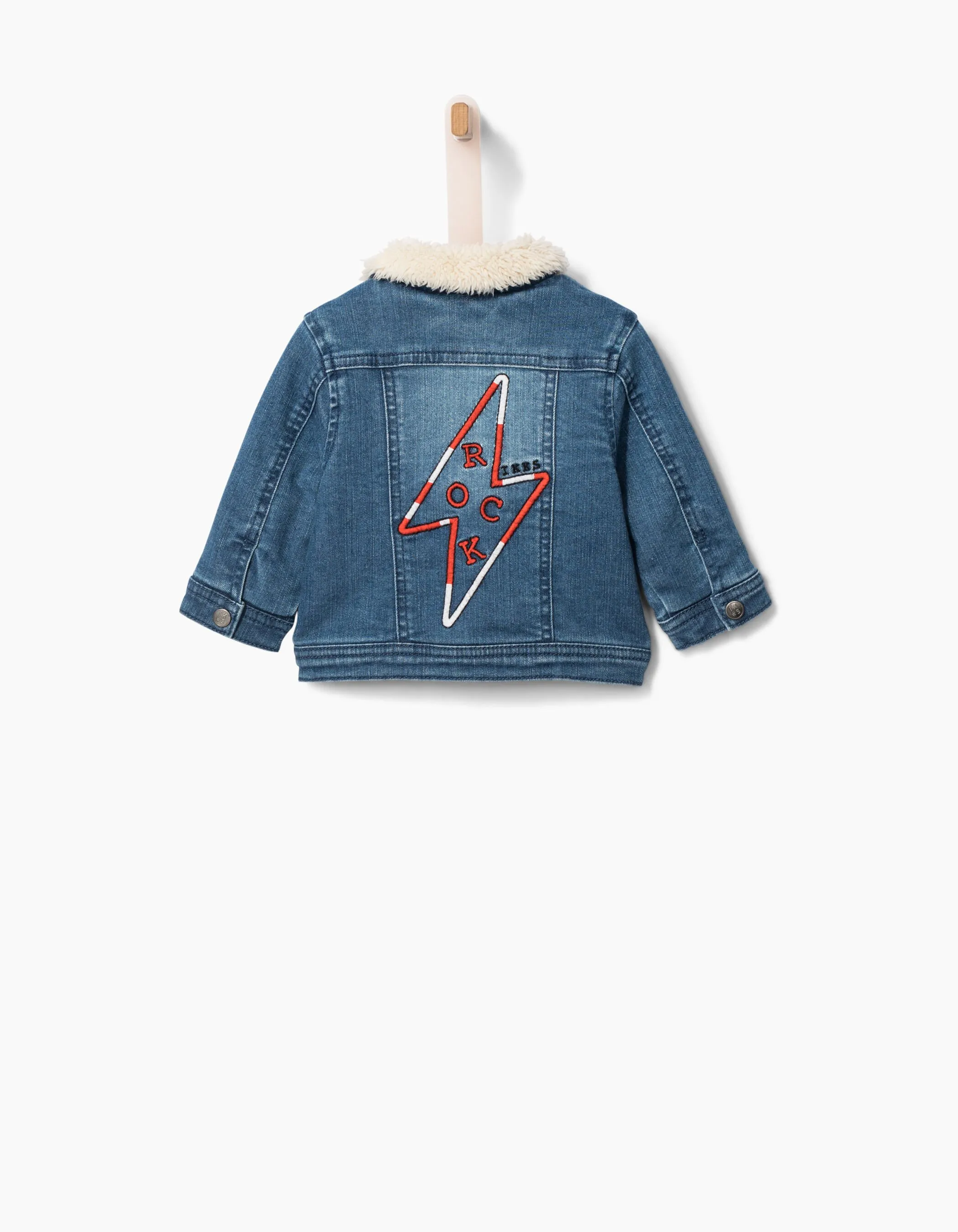 Baby boy denim jacket with sherpa collar and embroidery.