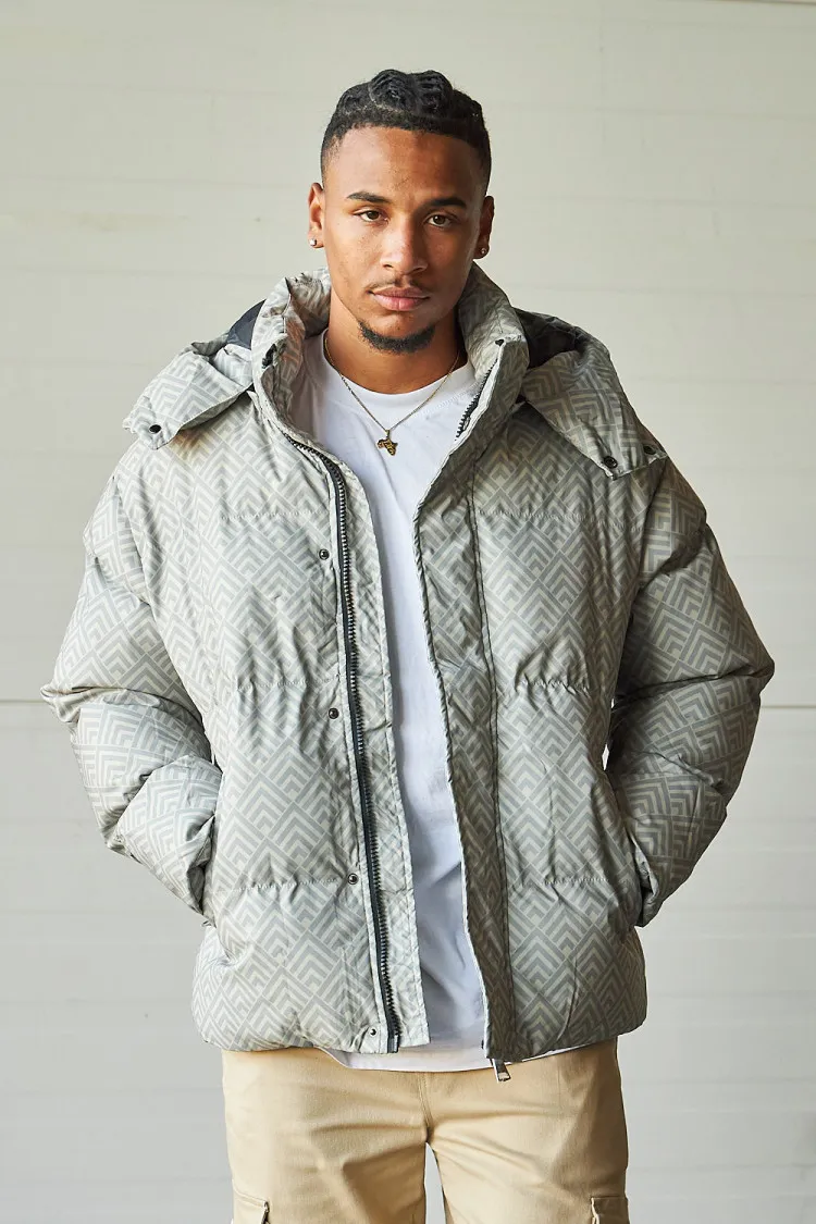 Beige Mid-Length Chevron Quilted Puffer Coat