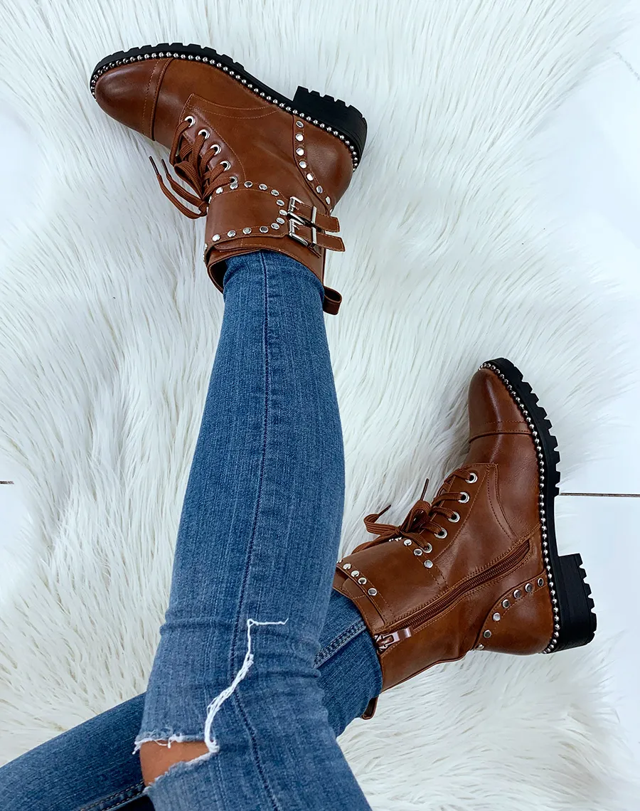 Camel studded high boots
