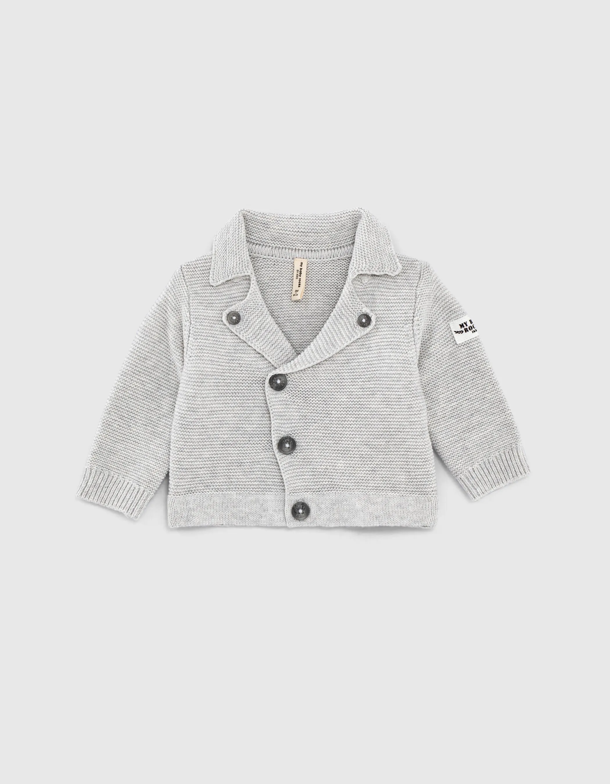 Organic cotton knit cardigan with motorcycle-inspired style for babies.