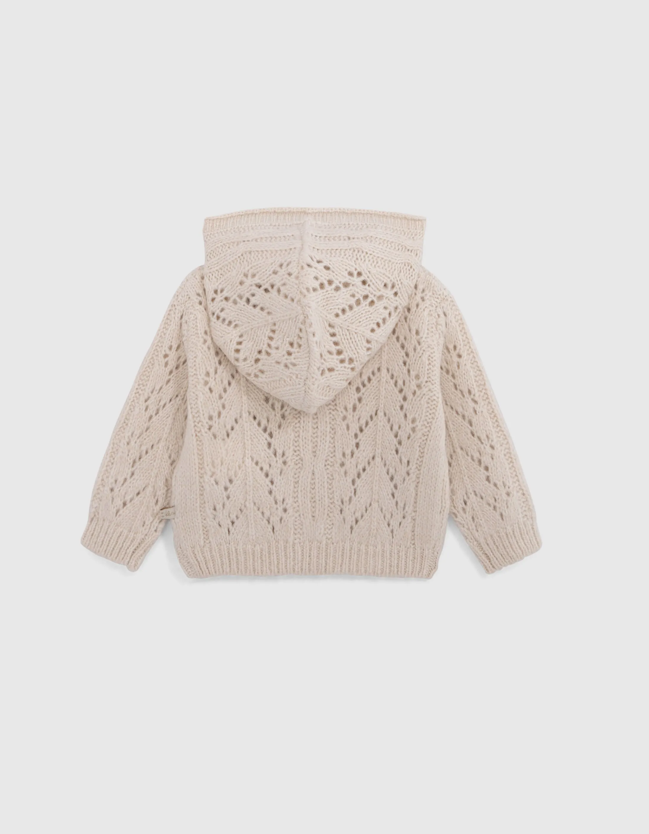 Beige knit openwork baby girl zip-up cardigan.