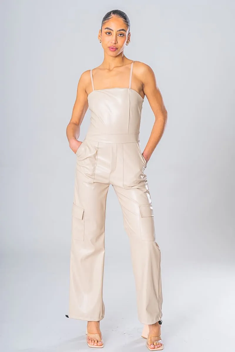 Beige faux leather pantsuit - Google SEO friendly result