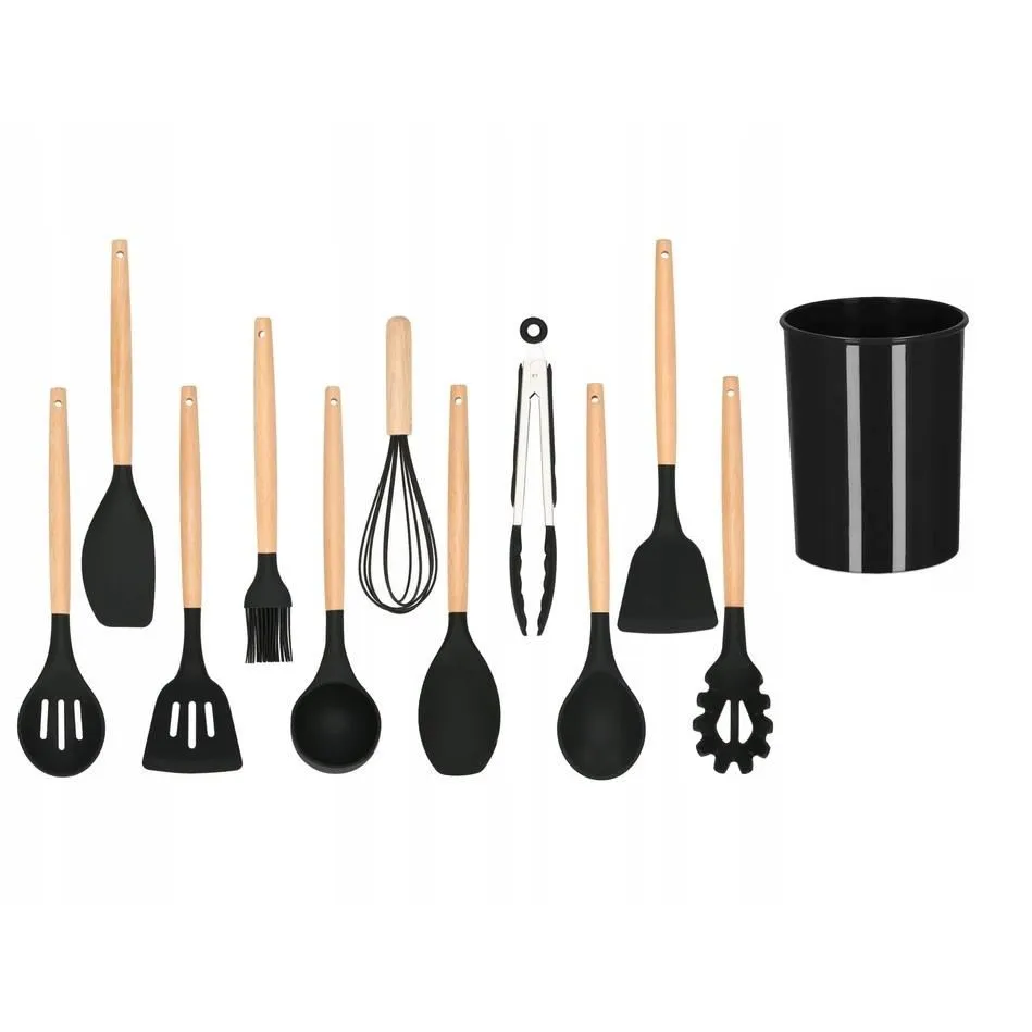 Ensemble d'ustensiles de cuisine en silicone et bambou, noirs, 12 pièces, Springos