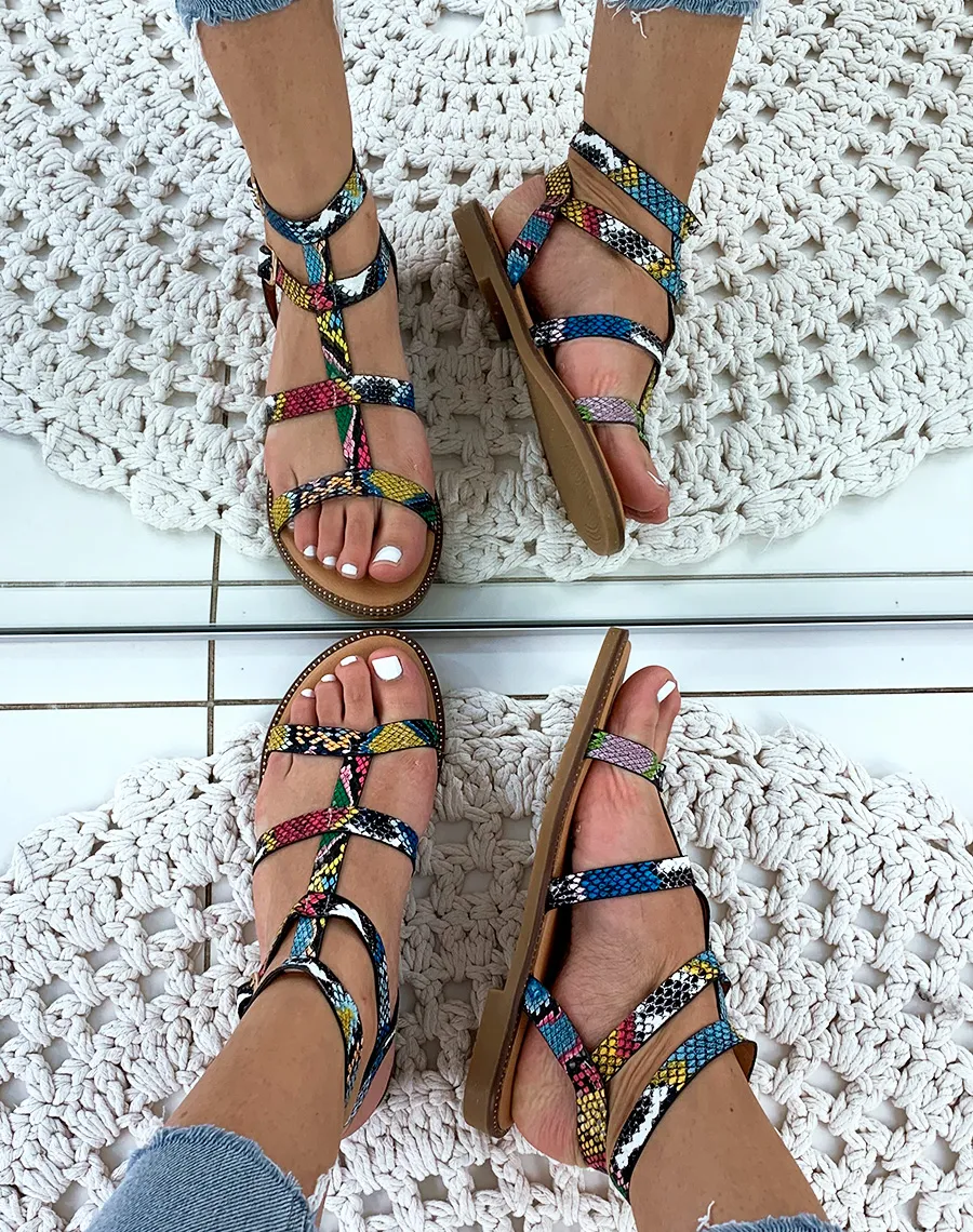 Flat Multicolor Python Strap Sandals