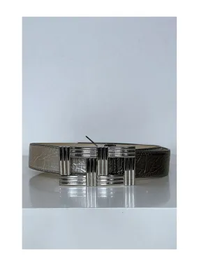 Gray belt with silver rectangular buckle.