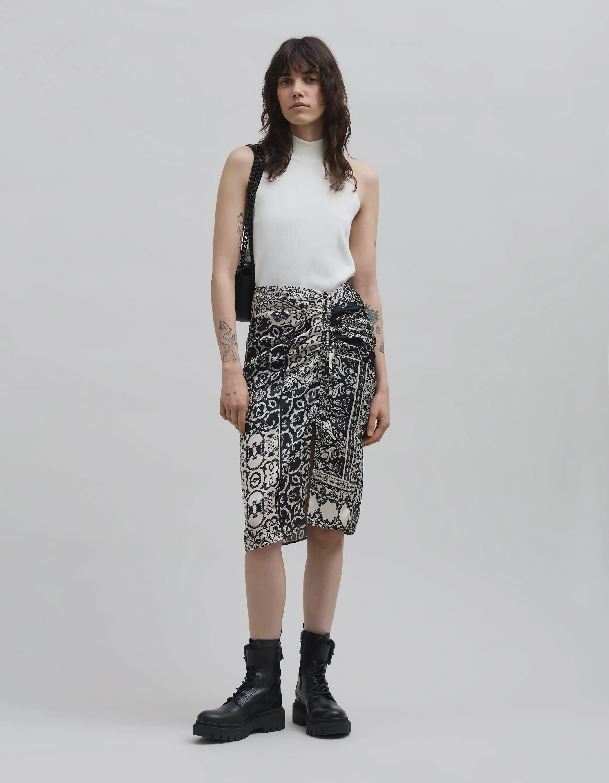 Black Ruched Patchwork Scarf Women's Dress