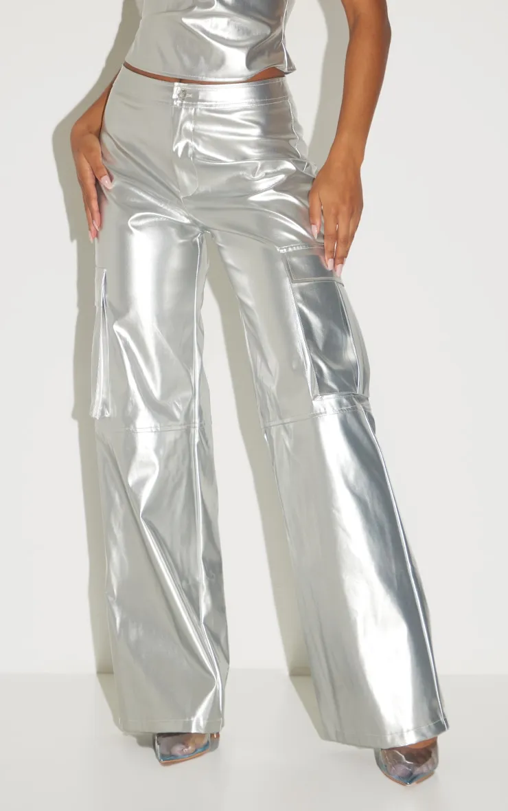 Metallic Silver Wide Leg Cargo Pants