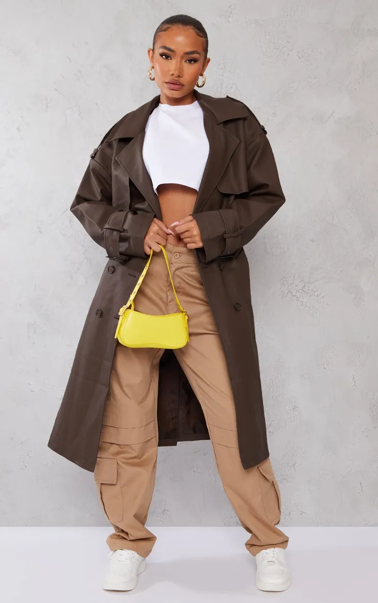 Short Brown Trench Coat with Oversized Belt