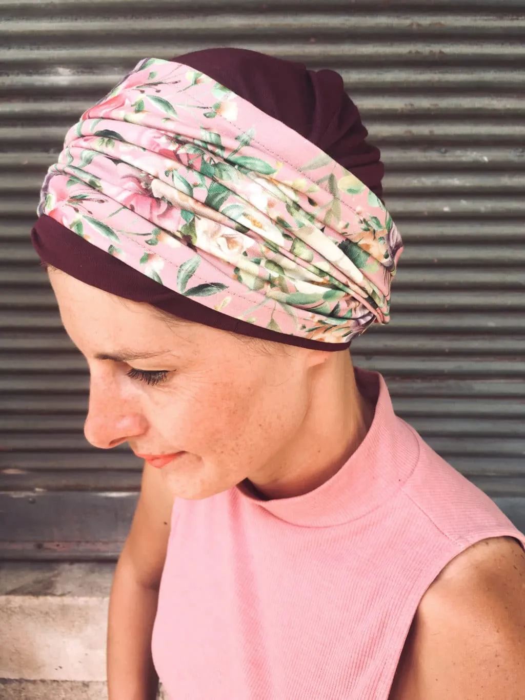 Pink Liberty Floral Chemotherapy and Alopecia Hat and Headband.