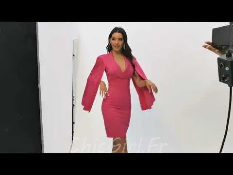 Robe De Soirée Tendance Courte Crayon Noire Col V Claudine Manche Longue3