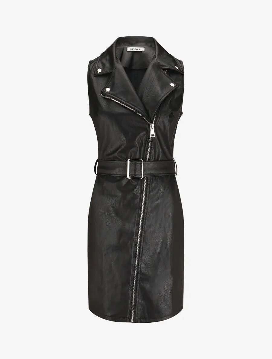 Robe en simili à fermeture zippée et ceinturée - Noir
