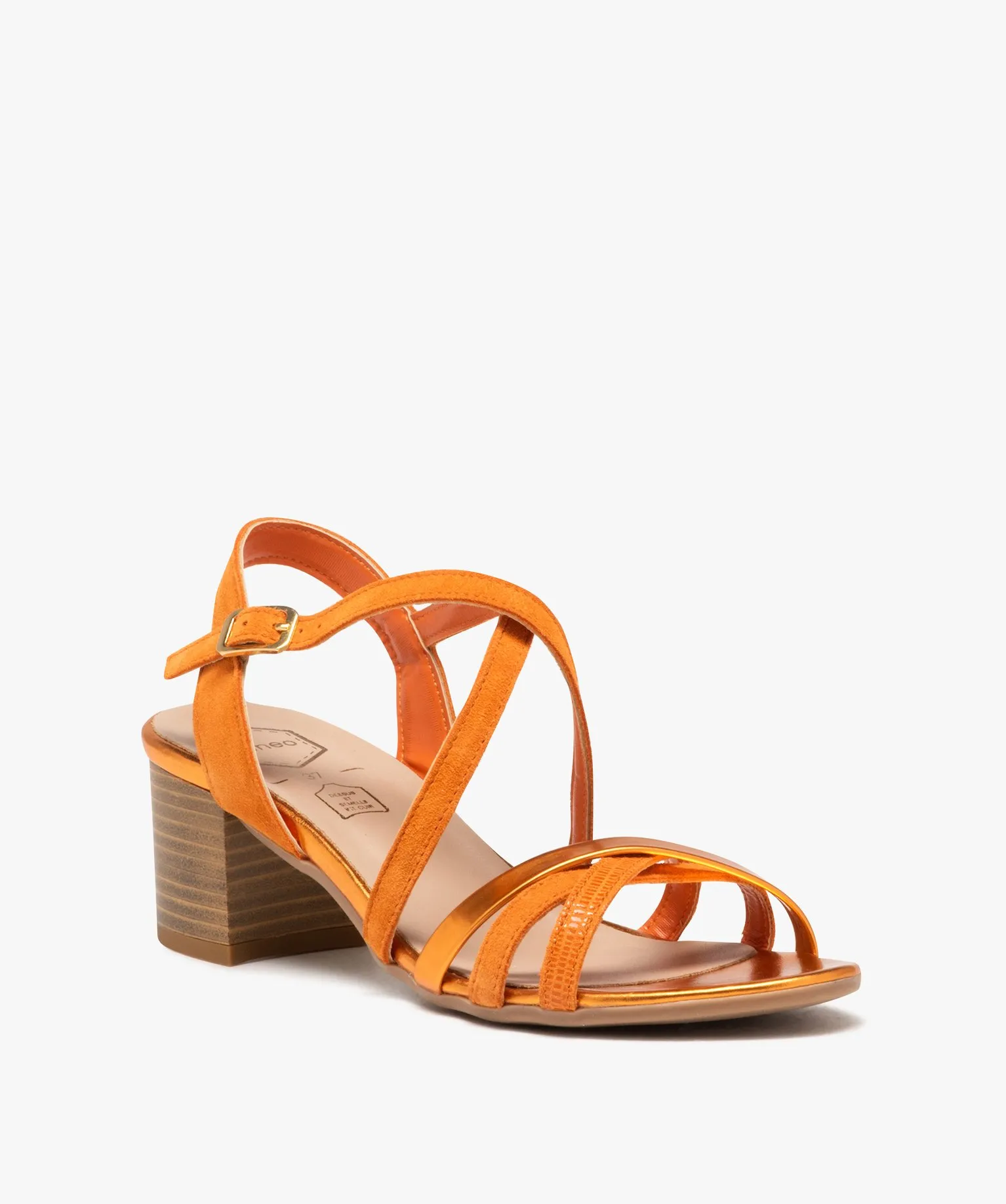Orange Women's Sandals with Square Heel and Fancy Leather Straps - Taneo.