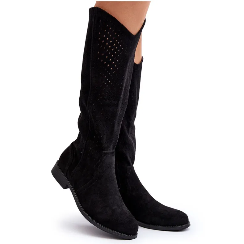 S.barski HY66-150 Bottes ajourées à talons plats, noir le noir
