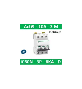 Schneider - Acti9 - iC60N - Disjoncteur - 3P - 10A - 6kA - courbe D - Réf : A9F75310
