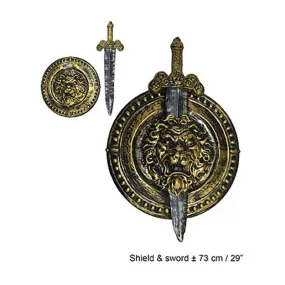 Set de chevalier avec un bouclier orné d'une tête de lion et une épée