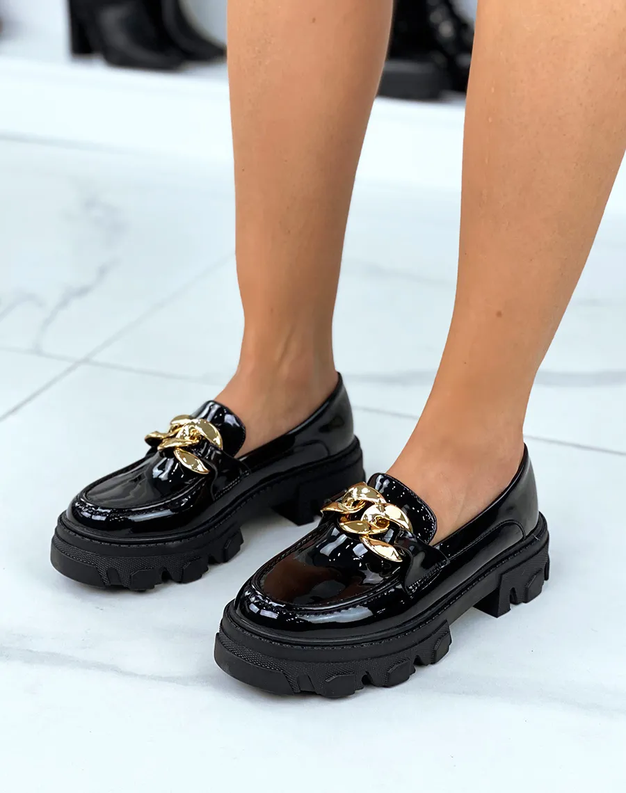 Shiny Black Loafers with Thick Soles and Gold Chain - Results: 1