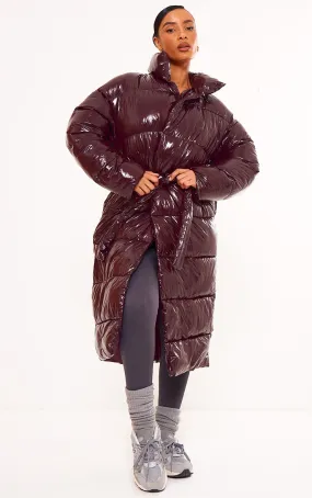 Shiny Mid-Length Plum Puffer Jacket with Belt

