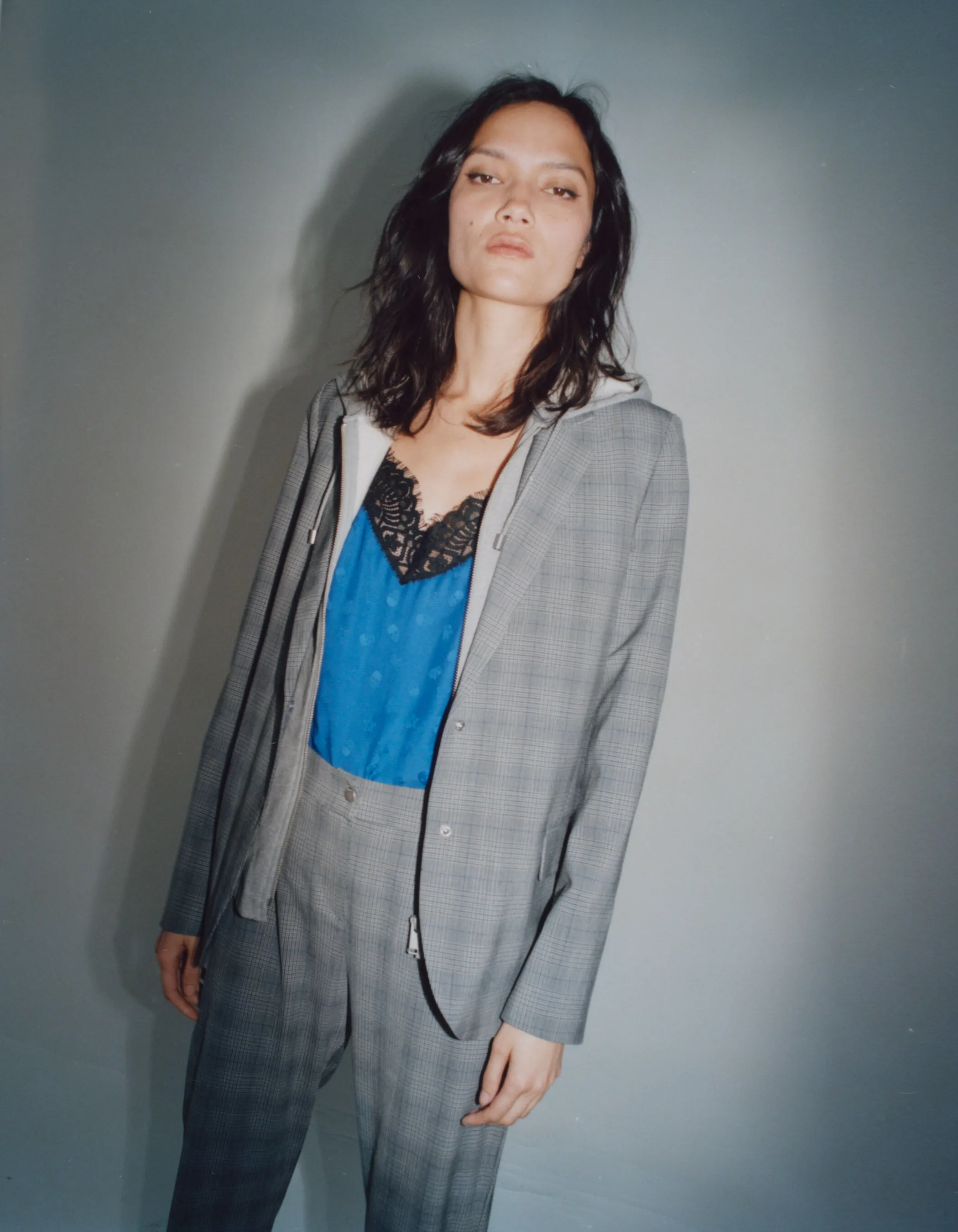 Women's plaid blazer with hooded lining