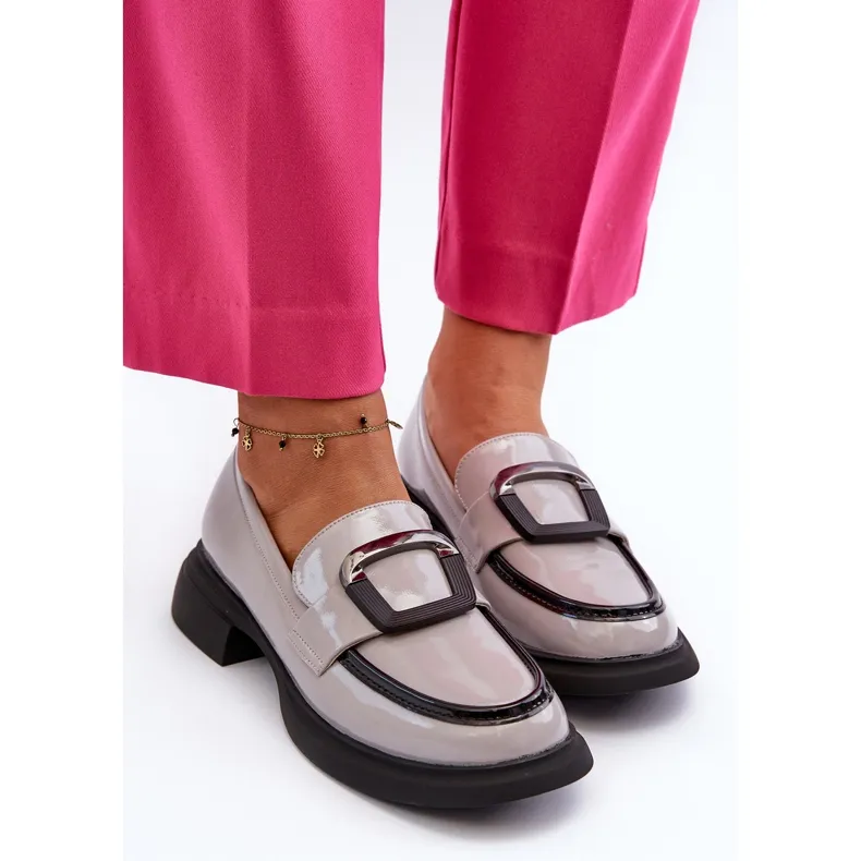 Vinceza Women's Grey Patent Leather Moccasins Fidodia